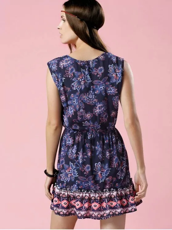 BerryBetty - Cute Printed V-Neck Sleeveless Waisted Dress