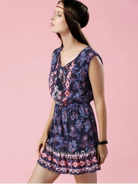 BerryBetty - Cute Printed V-Neck Sleeveless Waisted Dress