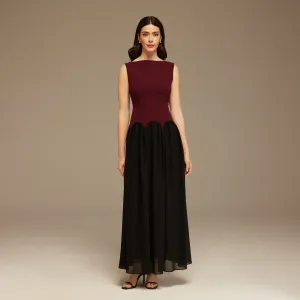 Black & Burgundy Sleeveless Crepe And Chiffon Pleated Dress