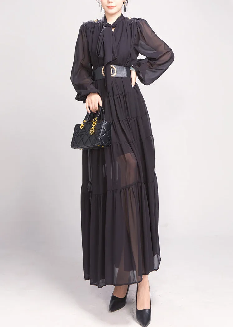 Black Bow Wrinkled Chiffon Maxi Dress Long Sleeve