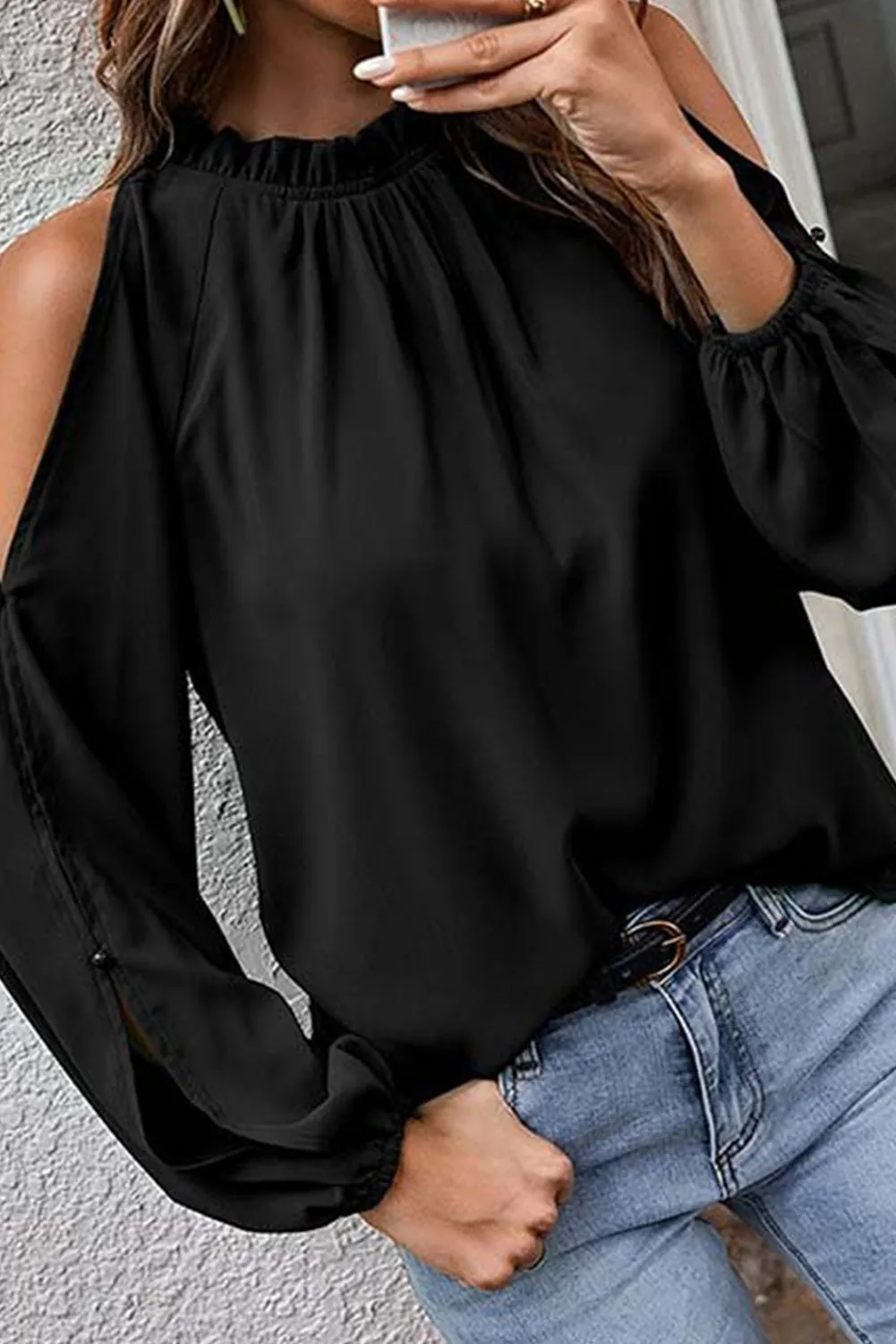Black Cold Shoulder Bishop Sleeve Blouse