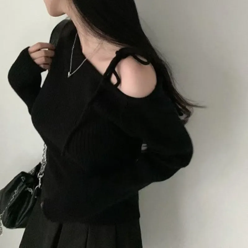 Black Cold Shoulder Tie Up Top