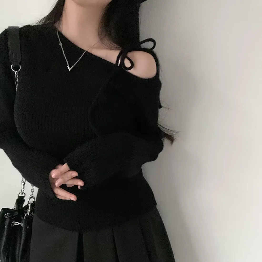Black Cold Shoulder Tie Up Top
