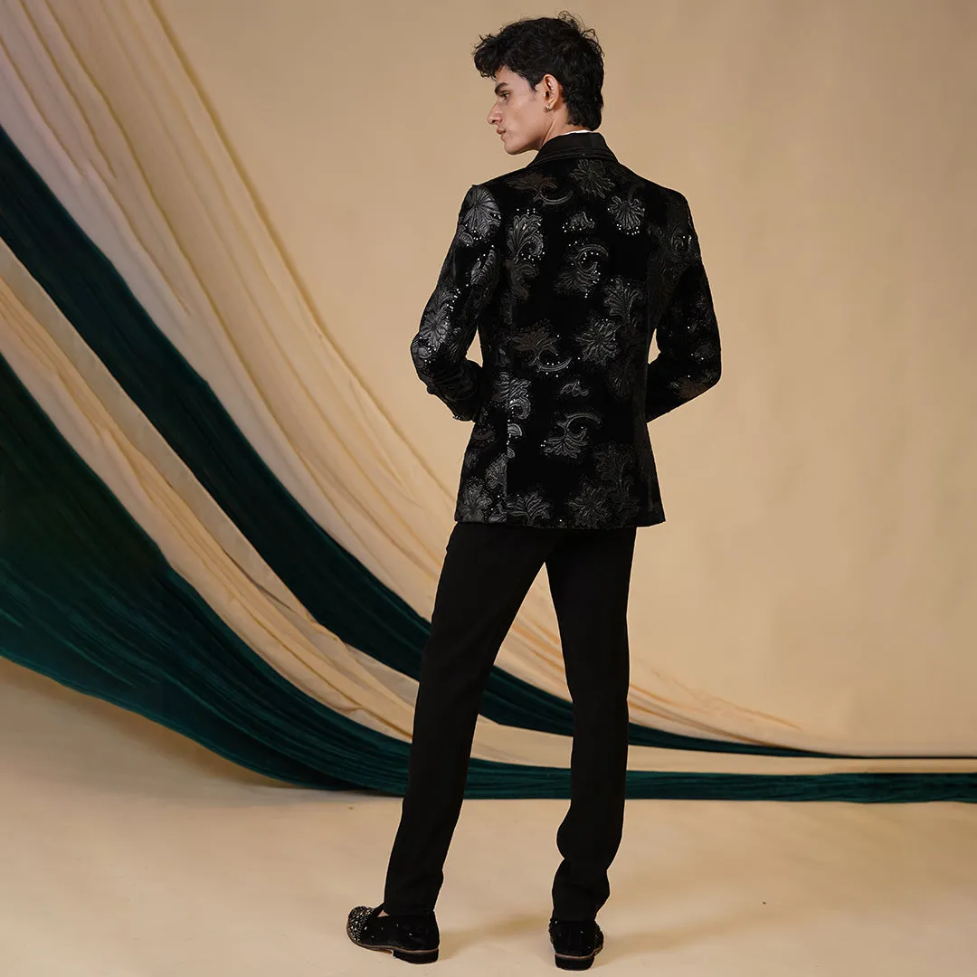 Black Elegant Ensemble Crafted On Black Velvet With Grey Tuxedo Set
