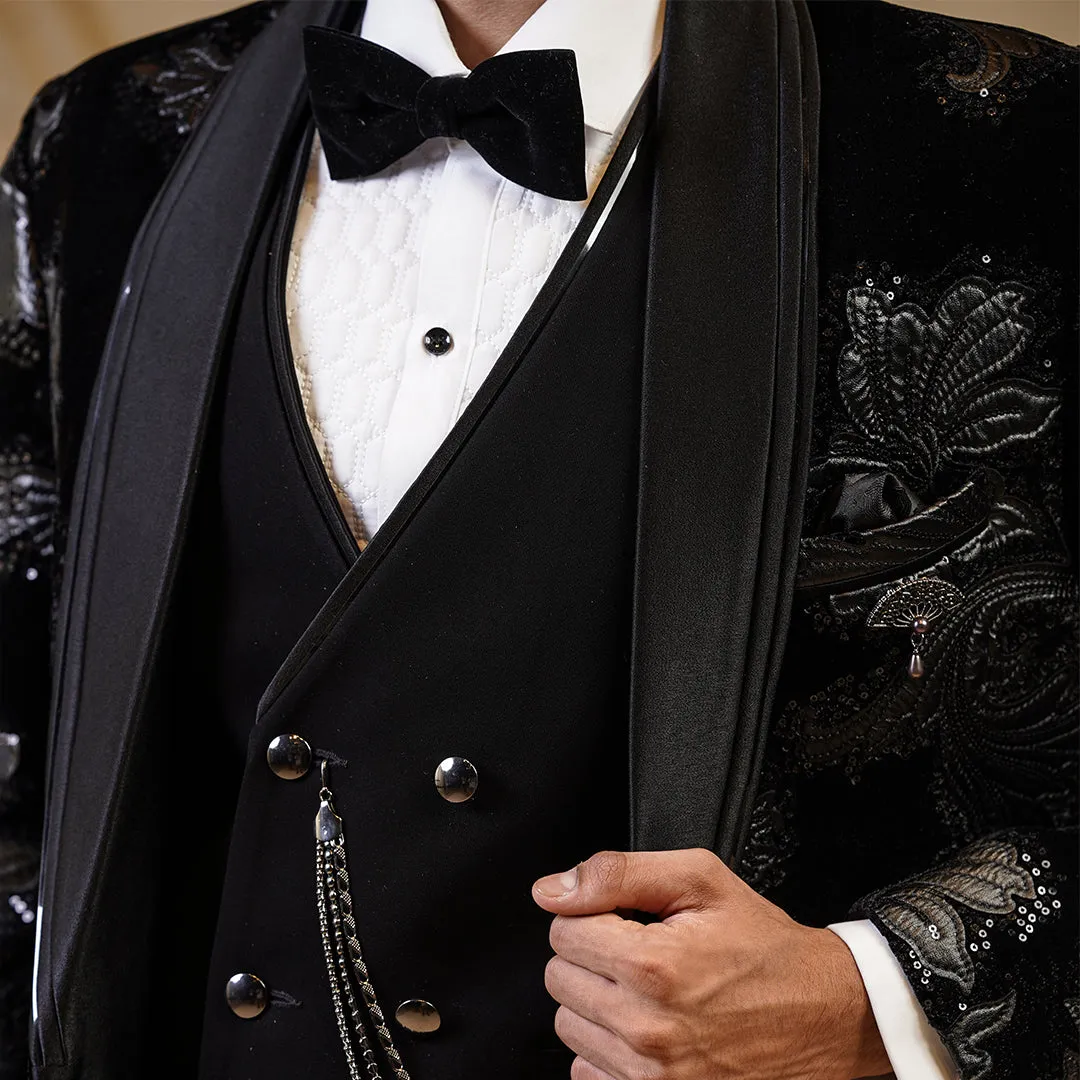 Black Elegant Ensemble Crafted On Black Velvet With Grey Tuxedo Set