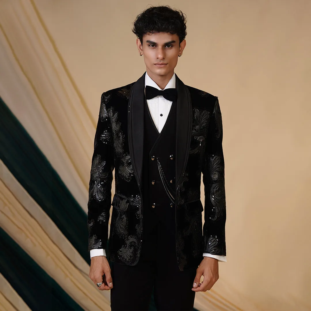 Black Elegant Ensemble Crafted On Black Velvet With Grey Tuxedo Set