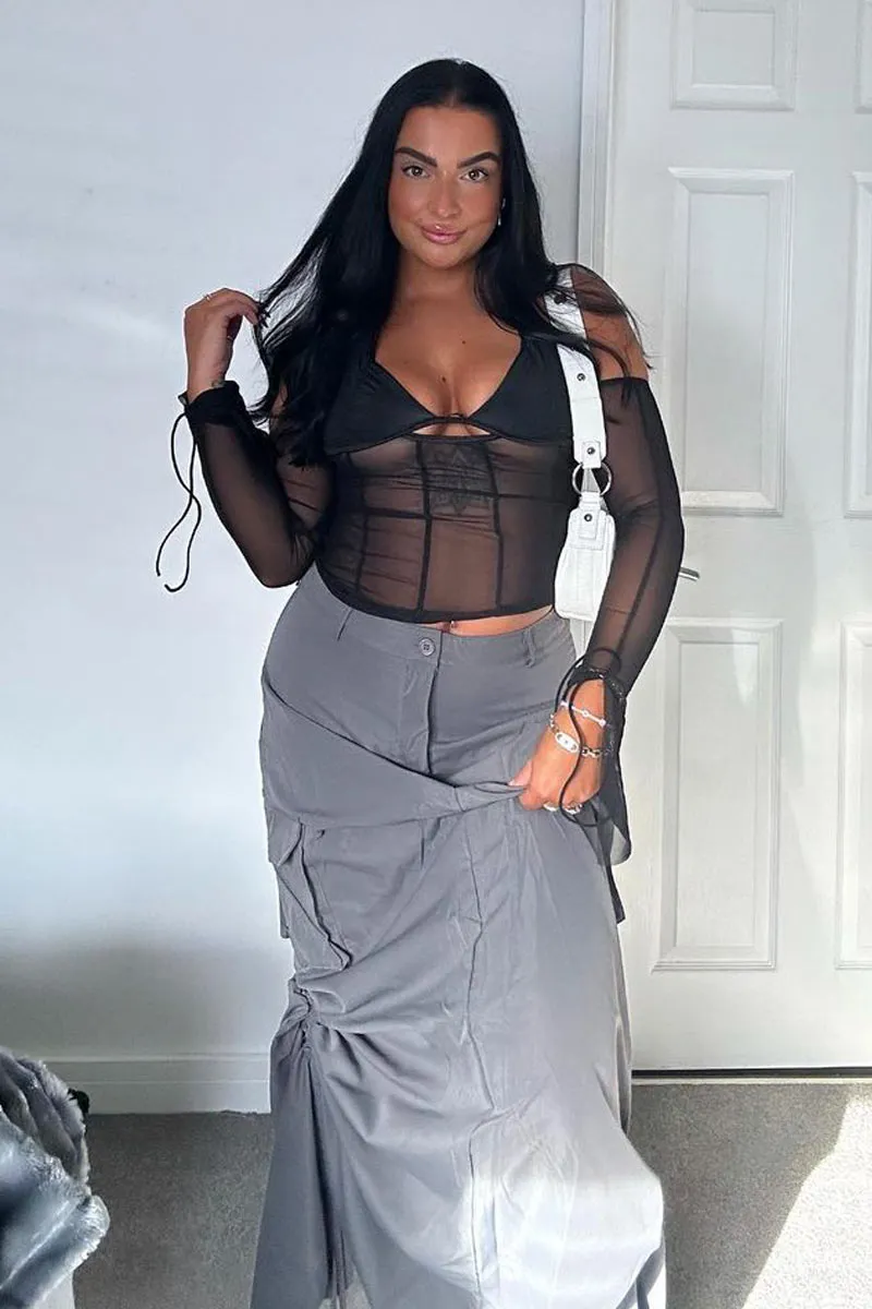Black Mesh Halter Neck Tie Crop Top - Lila