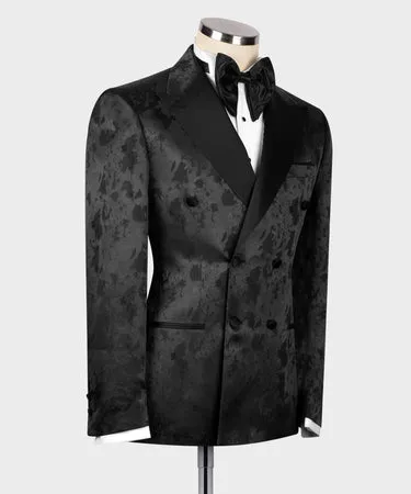 Black Satin Collar Dark Red Patterned Tuxedo