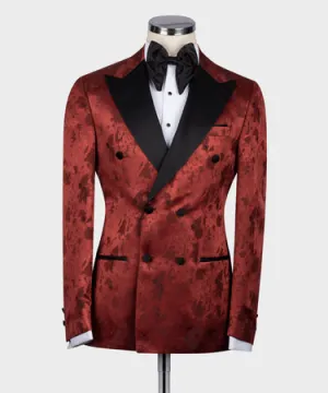 Black Satin Collar Dark Red Patterned Tuxedo