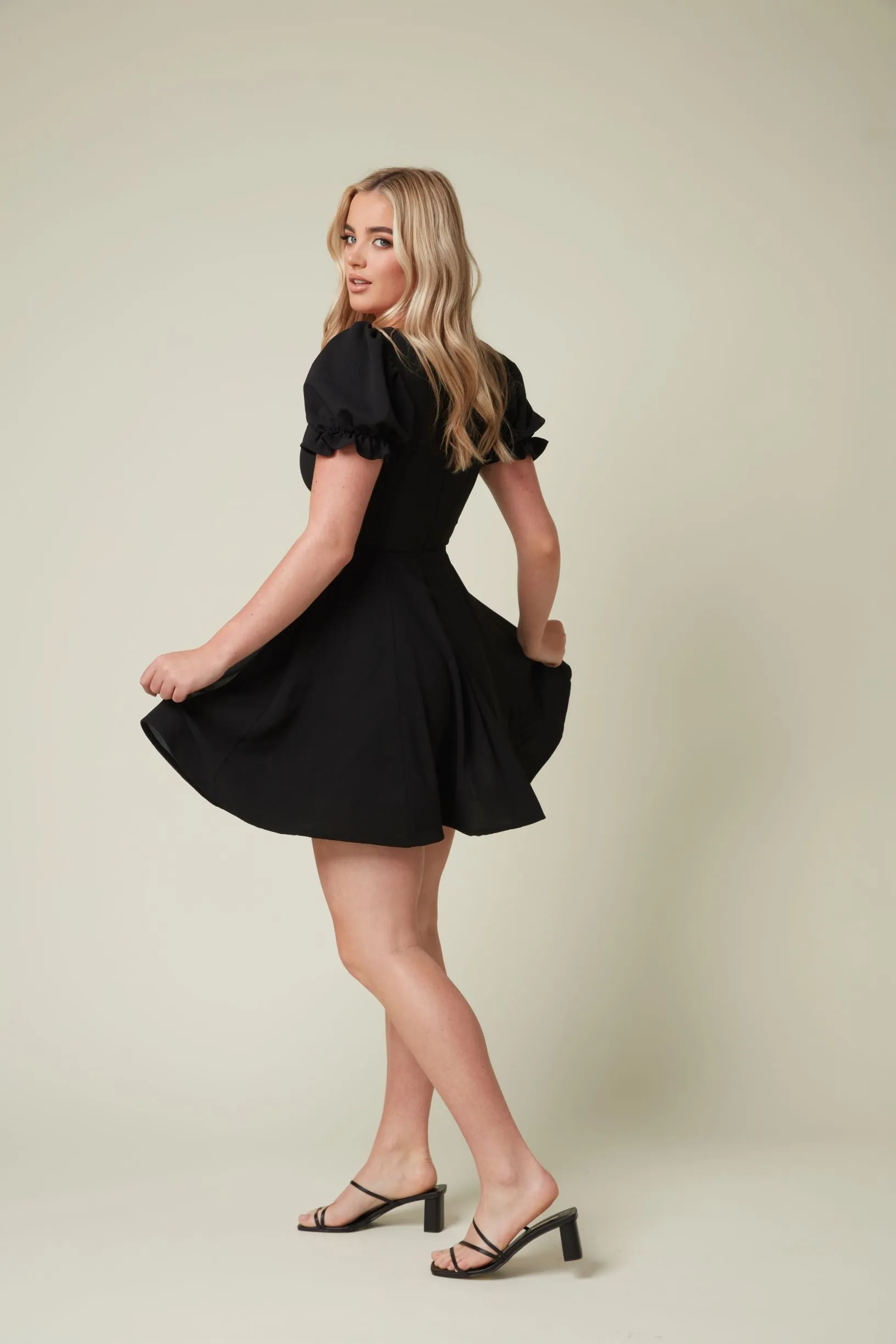 Black Skater Dress with Deep V Neckline and Chiffon Sleeve