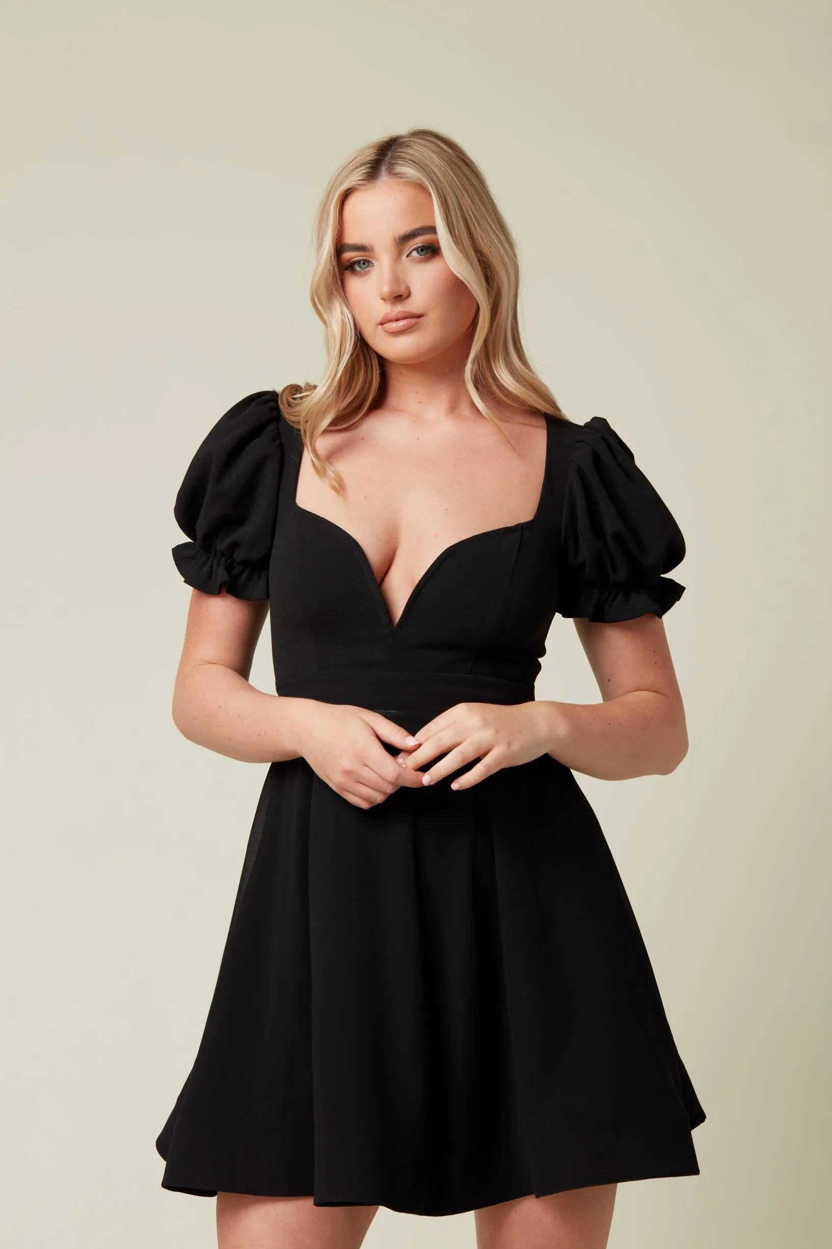 Black Skater Dress with Deep V Neckline and Chiffon Sleeve