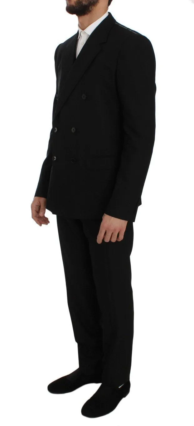 Black Wool Double Breasted 3 Piece Slim Suit