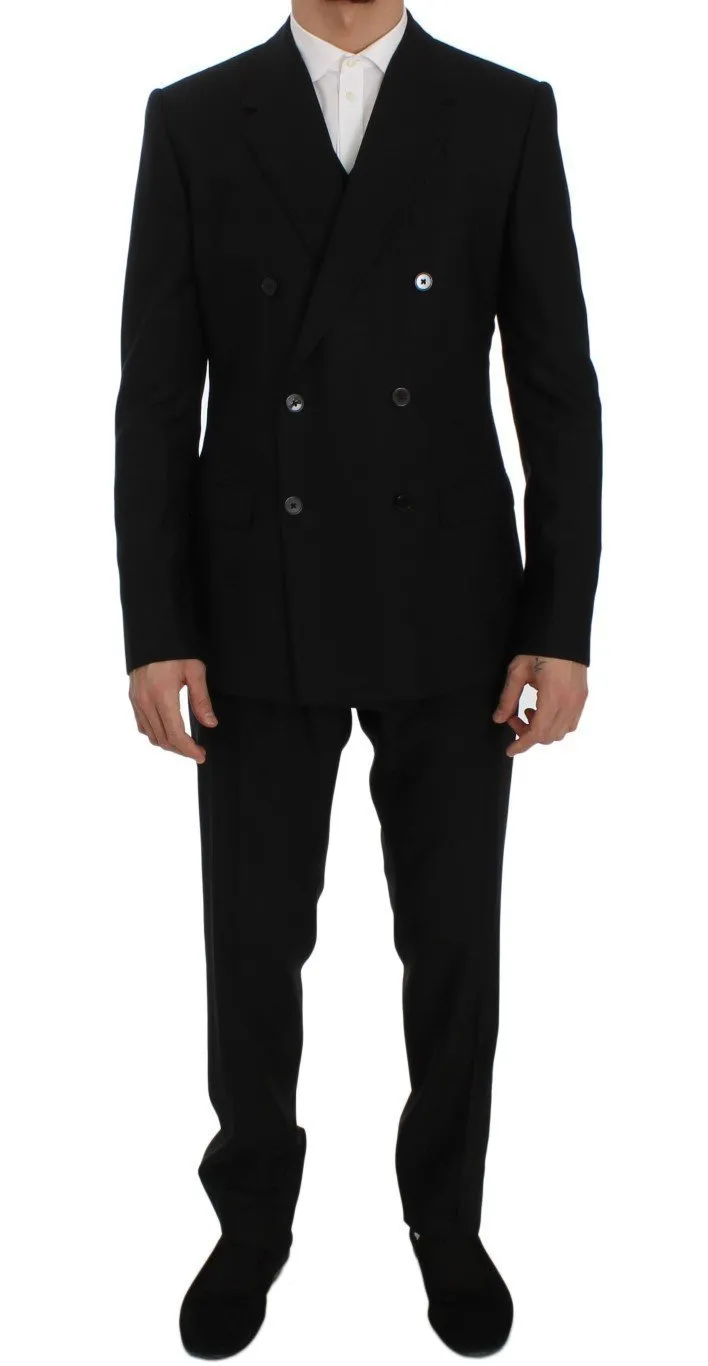 Black Wool Double Breasted 3 Piece Slim Suit