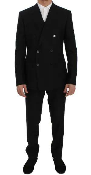 Black Wool Double Breasted 3 Piece Slim Suit