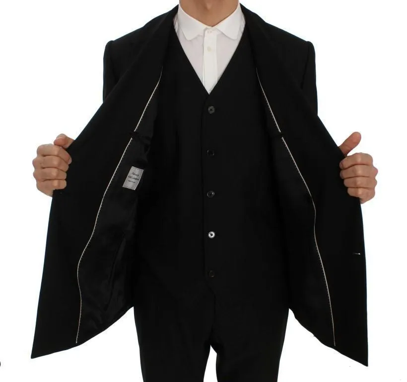 Black Wool Double Breasted 3 Piece Slim Suit