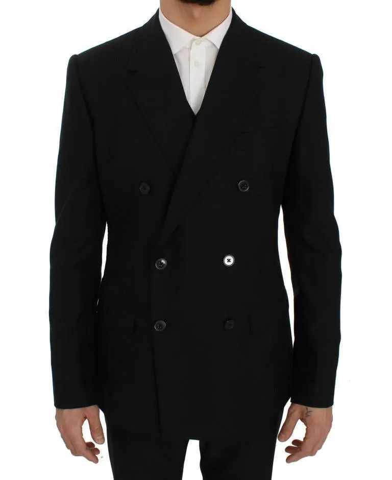Black Wool Double Breasted 3 Piece Slim Suit