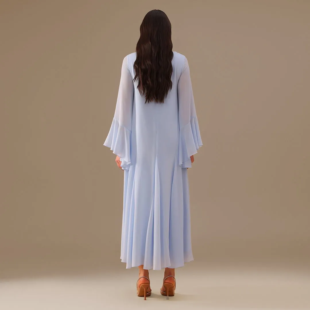 Blue Flared Long Sleeve Chiffon Maxi Dress
