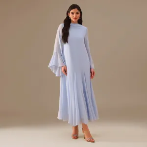 Blue Flared Long Sleeve Chiffon Maxi Dress