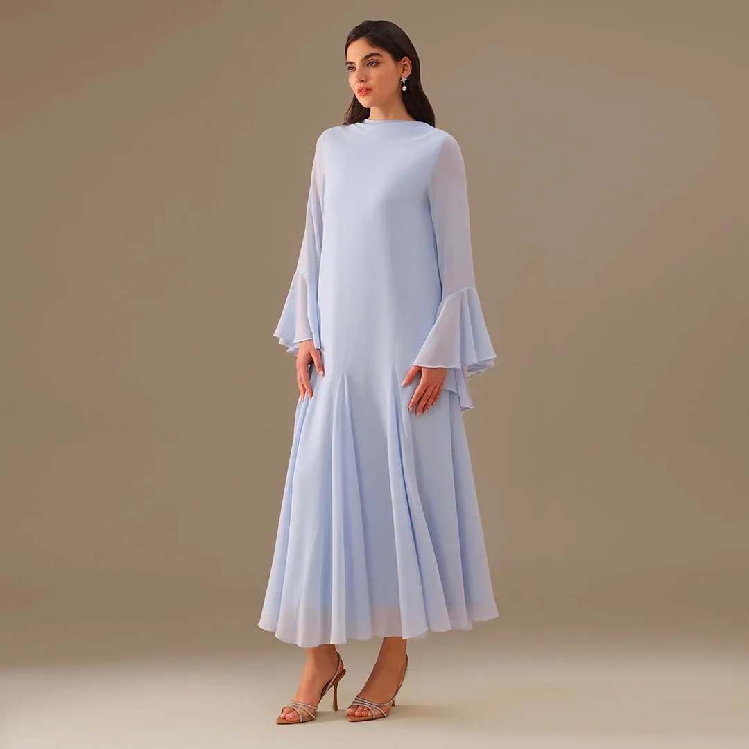 Blue Flared Long Sleeve Chiffon Maxi Dress