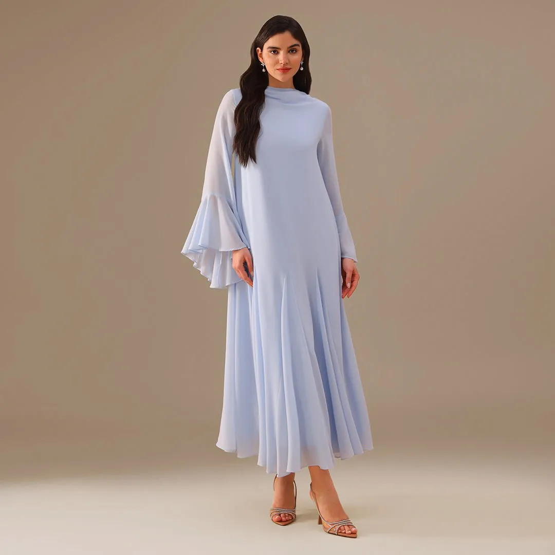 Blue Flared Long Sleeve Chiffon Maxi Dress