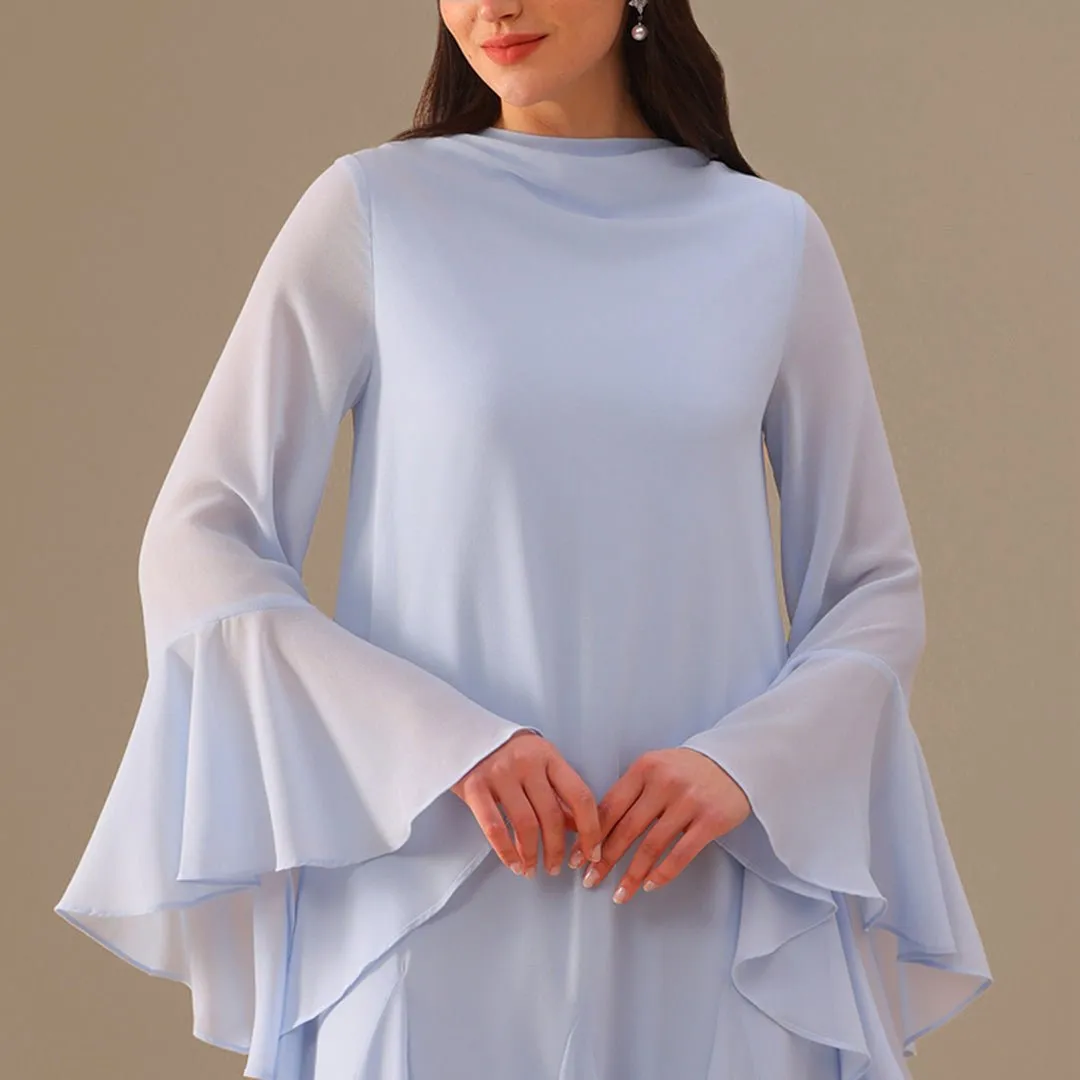 Blue Flared Long Sleeve Chiffon Maxi Dress