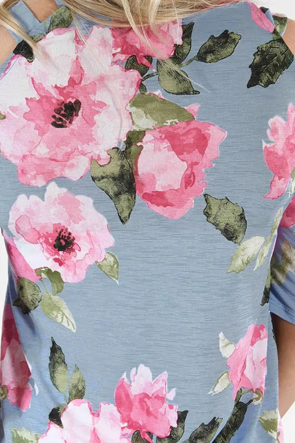 Blue Floral Cold Shoulder Top
