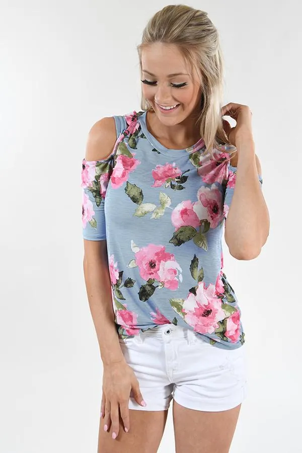 Blue Floral Cold Shoulder Top
