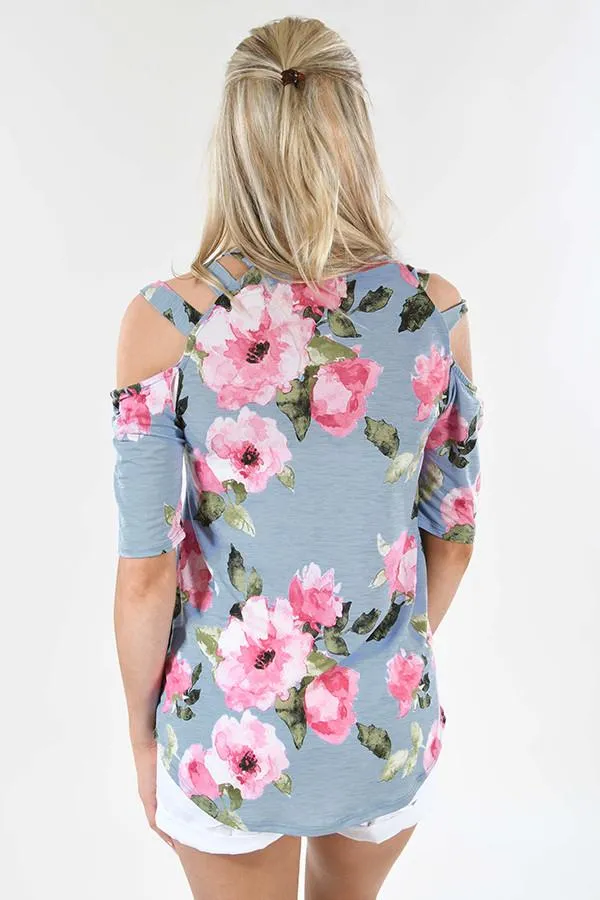 Blue Floral Cold Shoulder Top