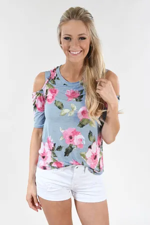 Blue Floral Cold Shoulder Top