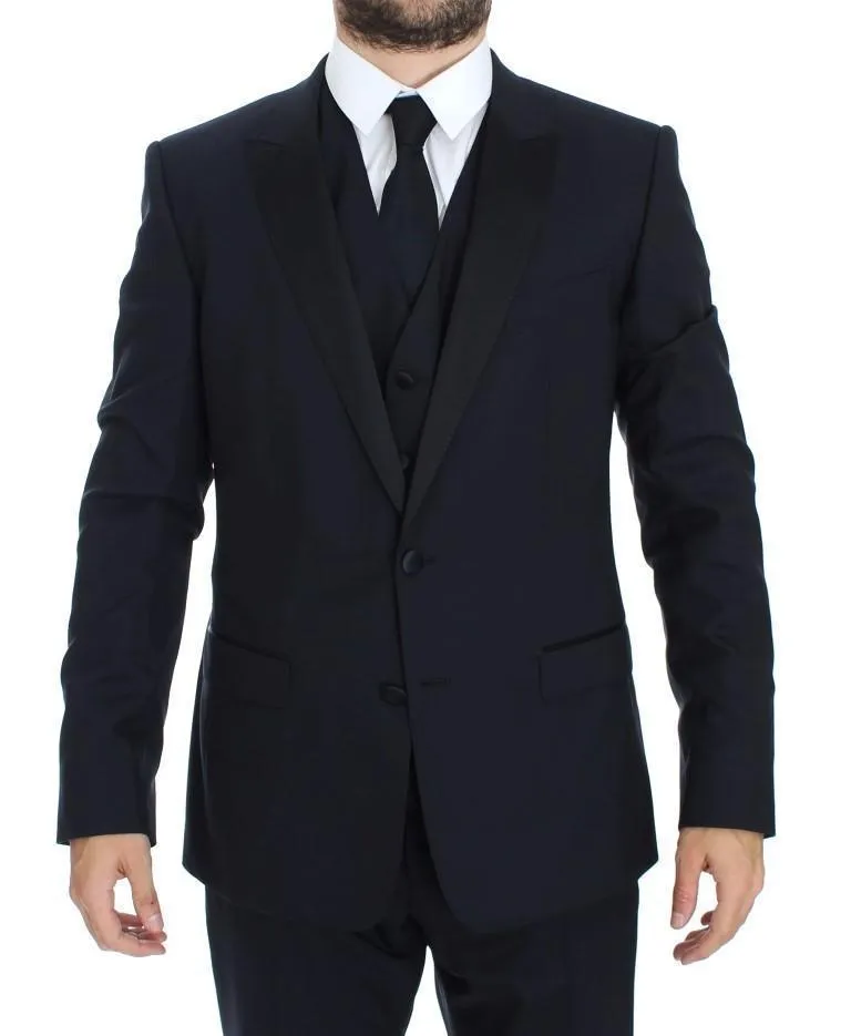 Blue Wool Silk 3 Piece Slim Suit Tuxedo