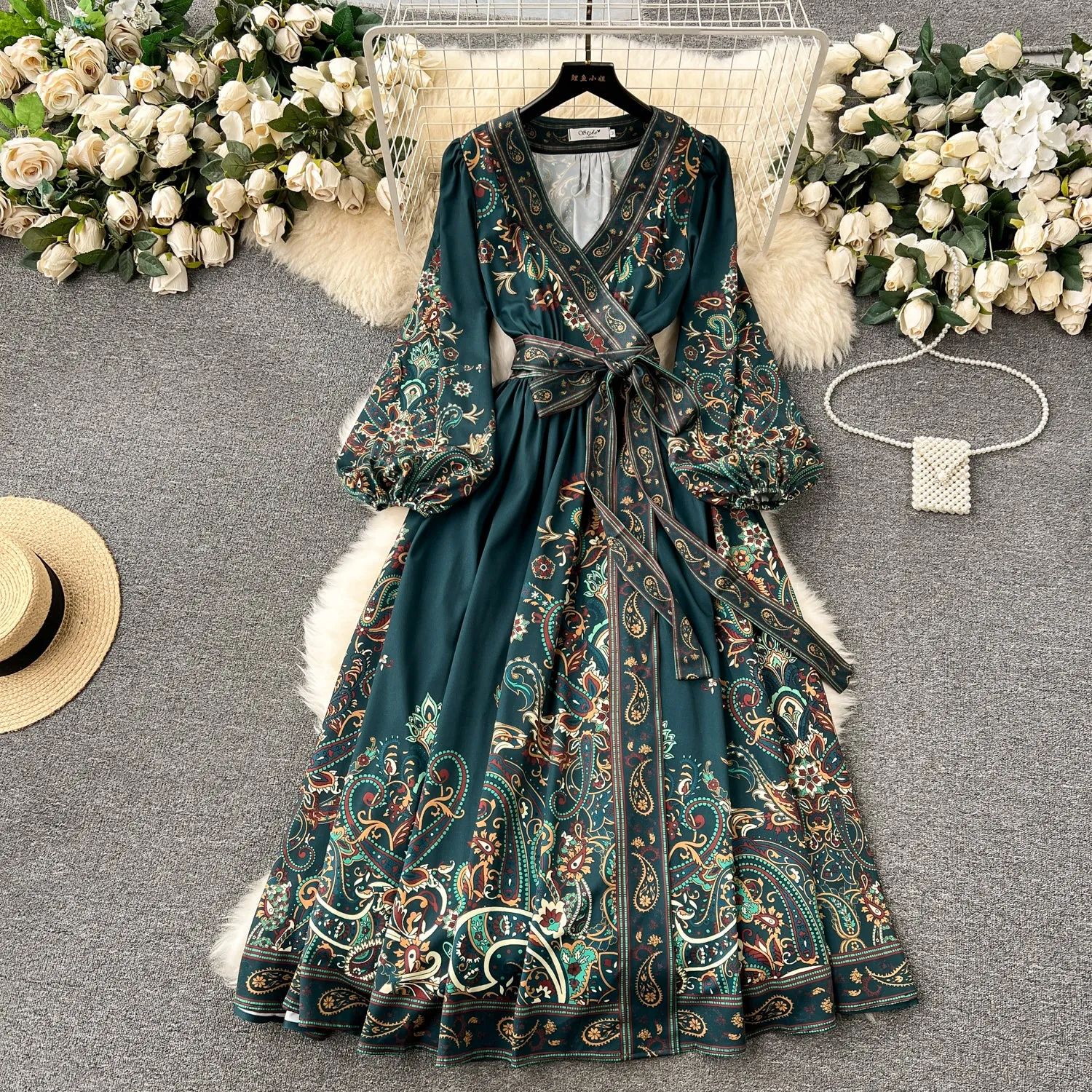 Boho Green Peter Pan Collar Print Wrinkled Chiffon Long Dresses Spring