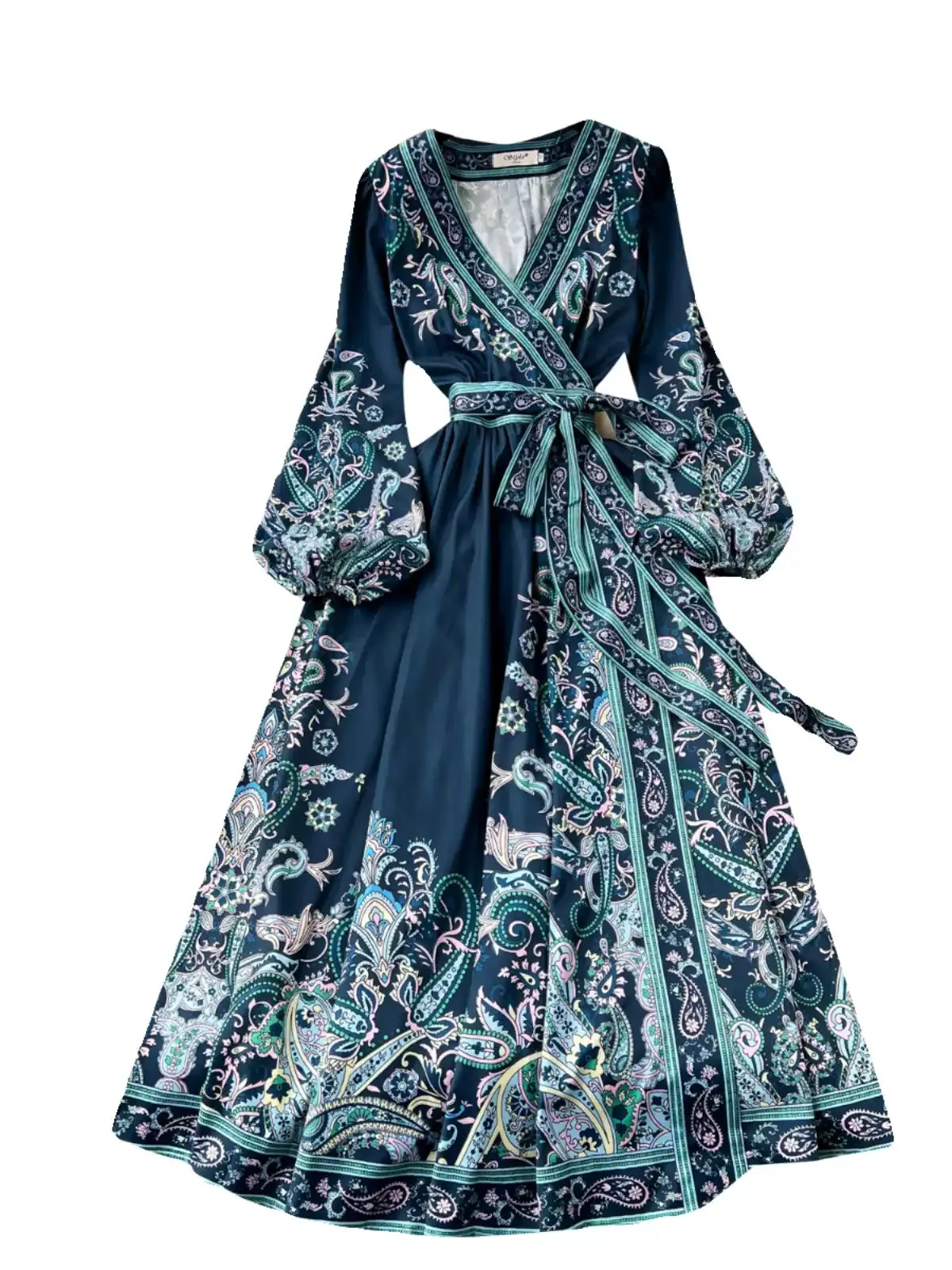 Boho Green Peter Pan Collar Print Wrinkled Chiffon Long Dresses Spring