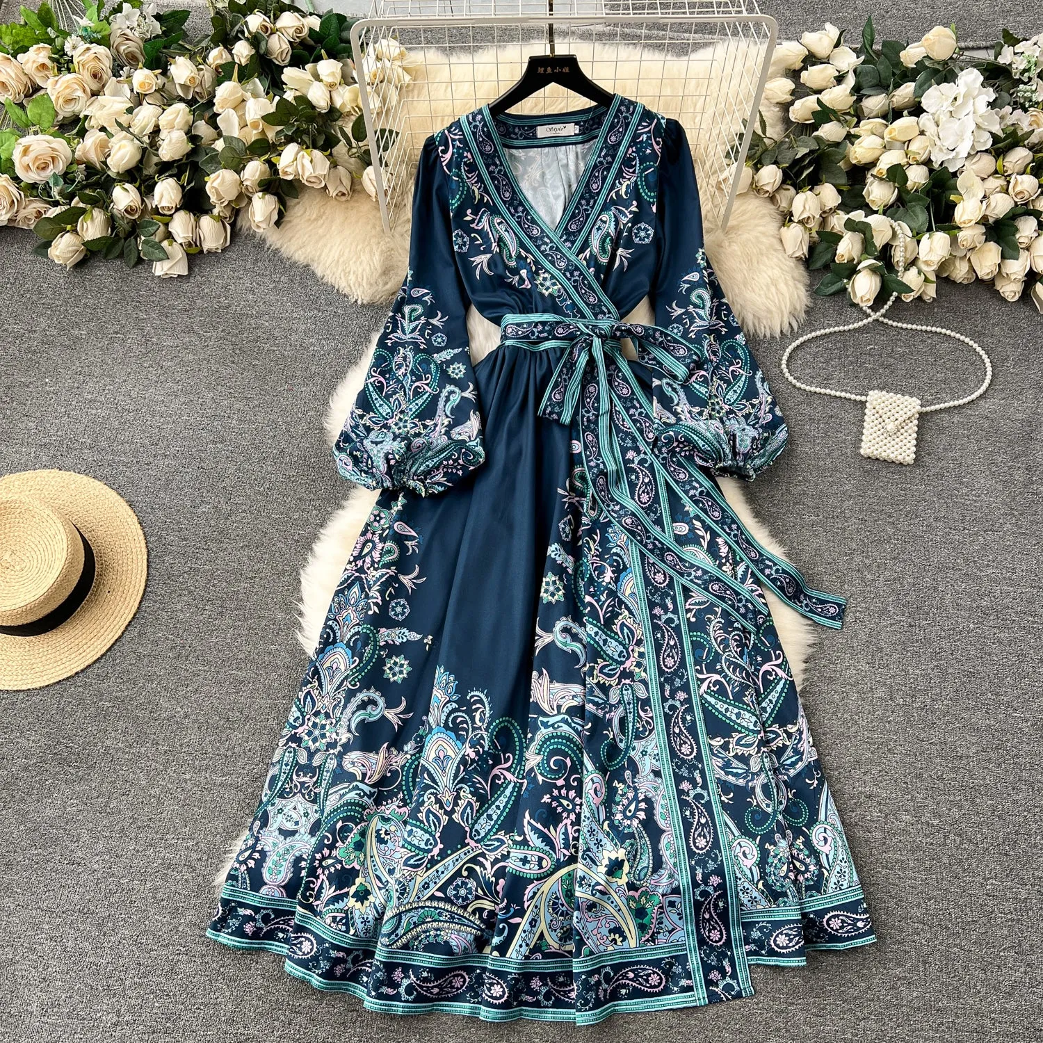Boho Green Peter Pan Collar Print Wrinkled Chiffon Long Dresses Spring