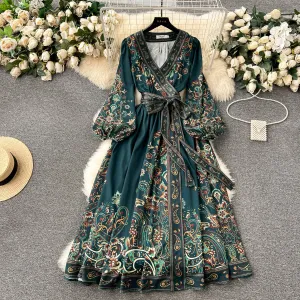 Boho Green Peter Pan Collar Print Wrinkled Chiffon Long Dresses Spring