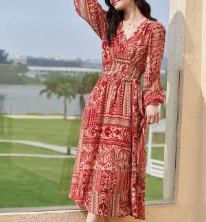 Boho Red V Neck Ruffled Print Chiffon Robe Dresses Spring