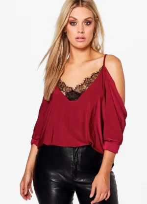 Boohoo Womens Plus Lace Trim V Neck Cold Shoulder Top Size 22 UK (New)