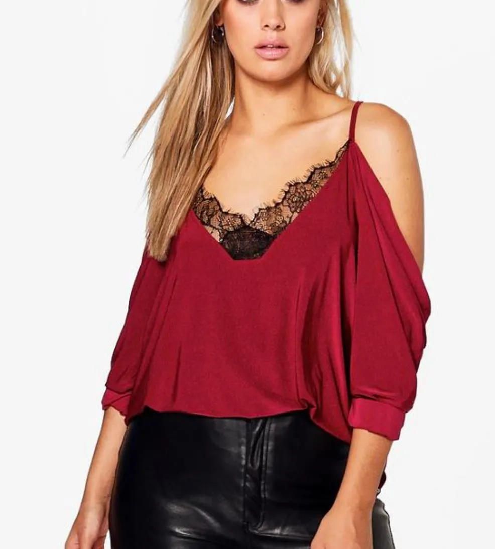 Boohoo Womens Plus Lace Trim V Neck Cold Shoulder Top Size 22 UK (New)