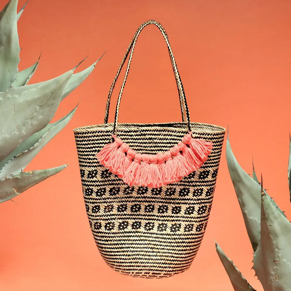 Borneo Roman Straw Tote Bag No. 10 - Handbag with Pink Tassels