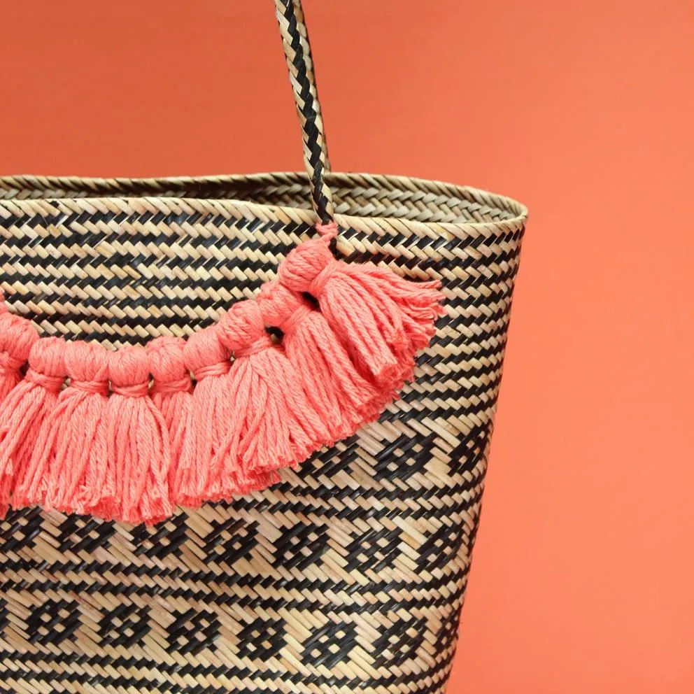 Borneo Roman Straw Tote Bag No. 10 - Handbag with Pink Tassels