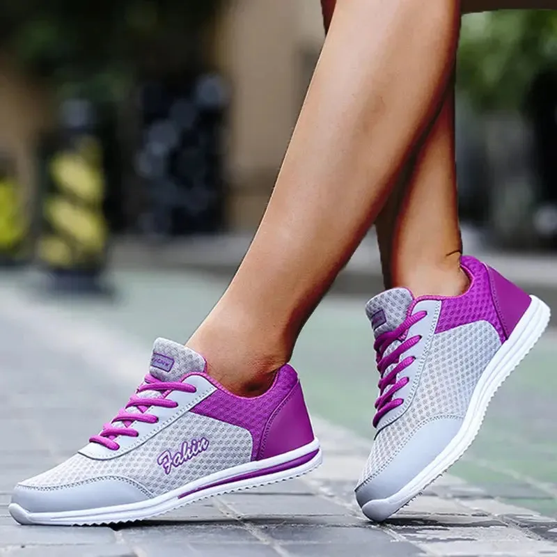 Breathable Sneakers For Women Fashion Solid Color Soft Women Sneakers Mesh Fabric Lace Up Woman Shoes Female Footwear