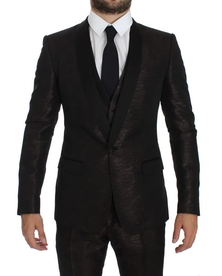 Brown Black Shiny 3 Piece Slim Suit Tuxedo