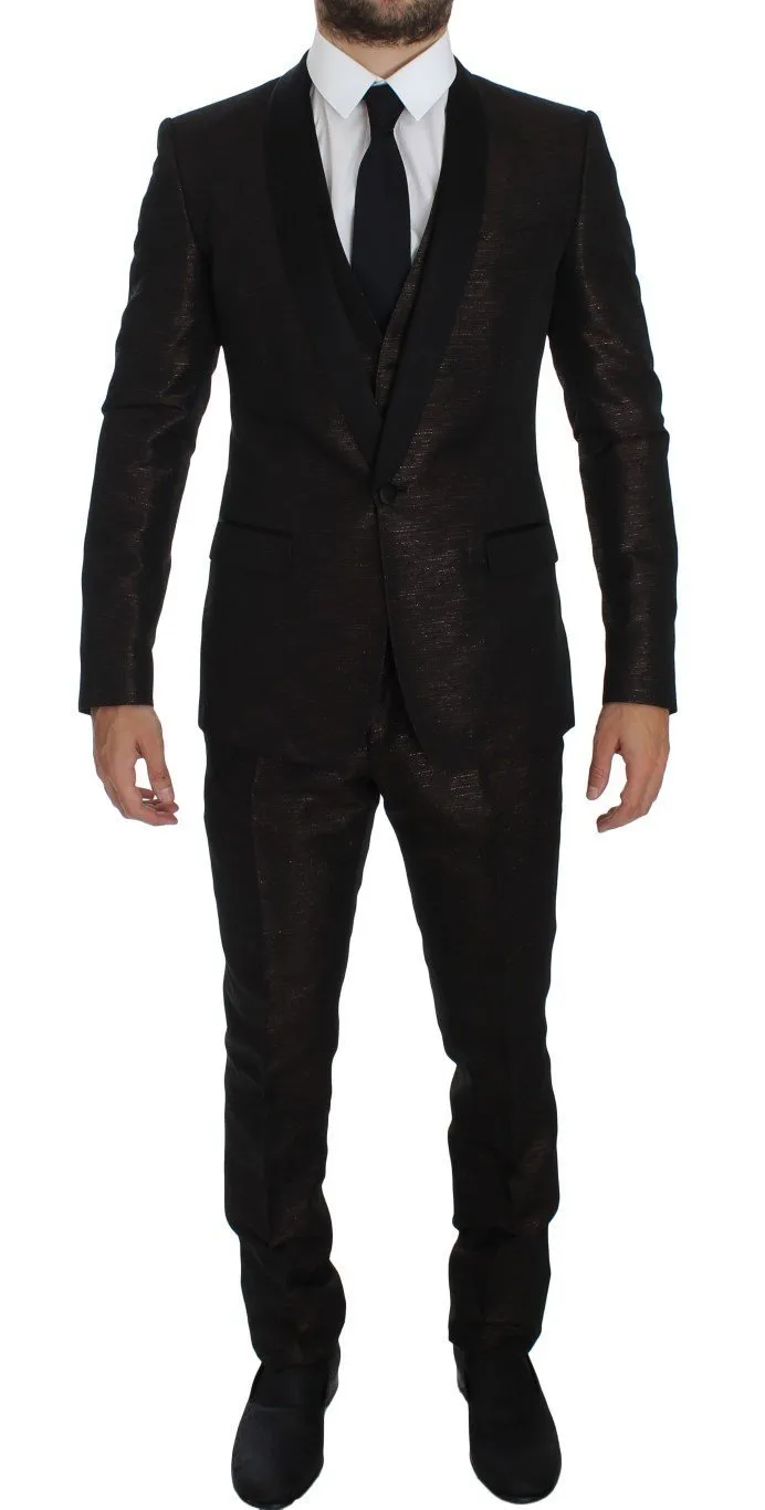 Brown Black Shiny 3 Piece Slim Suit Tuxedo