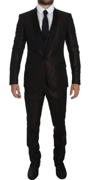 Brown Black Shiny 3 Piece Slim Suit Tuxedo