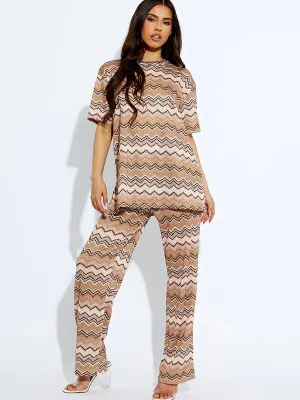Brown Woven Zig Zag Oversized Top & Wide Leg Trouser Co-ord