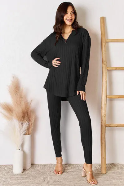 Brugh Basic Bae Full Size Notched Long Sleeve Top and Pants Set