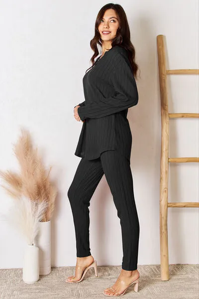 Brugh Basic Bae Full Size Notched Long Sleeve Top and Pants Set
