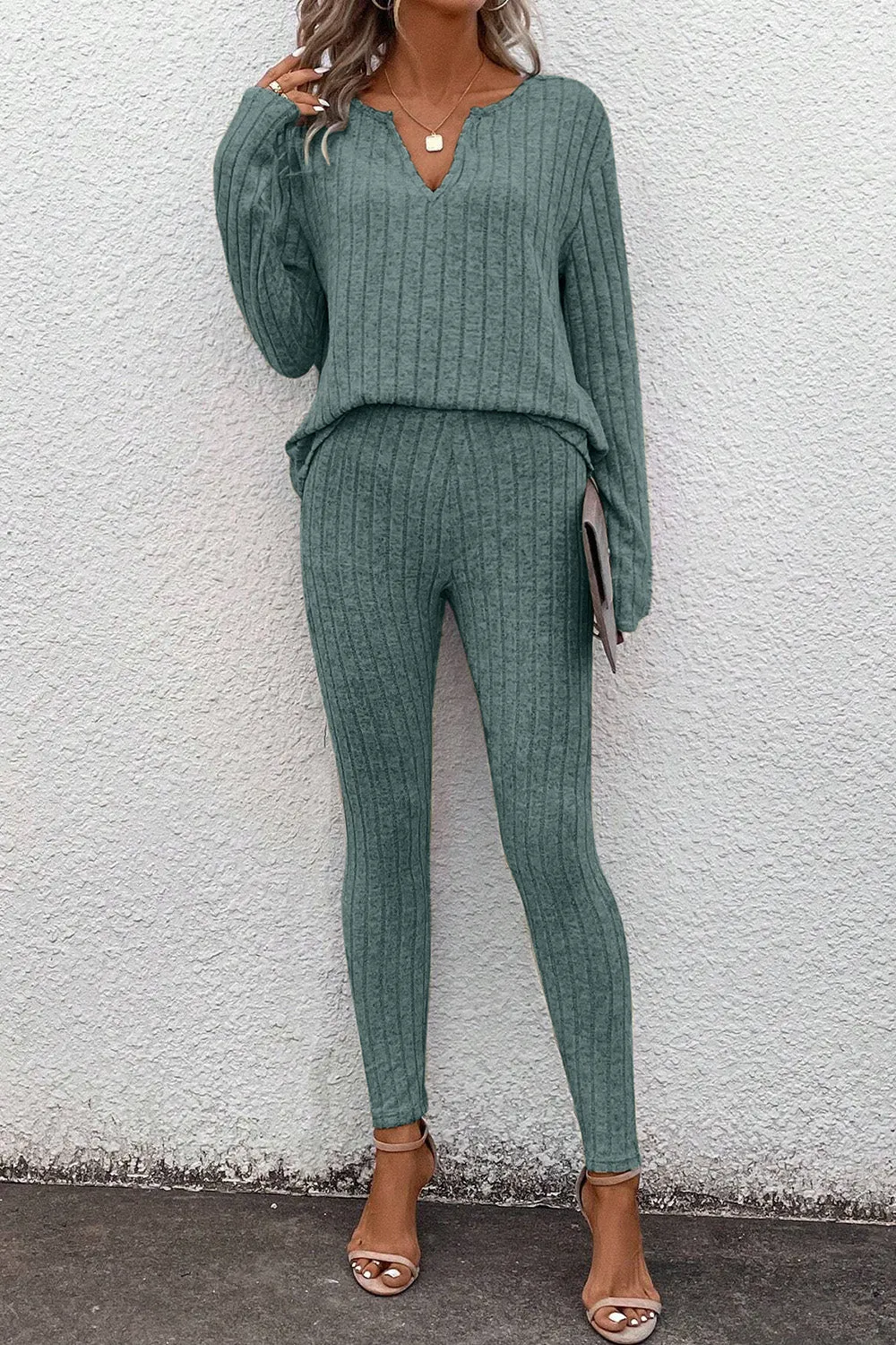 Brugh Basic Bae Full Size Notched Long Sleeve Top and Pants Set