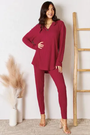 Brugh Basic Bae Full Size Notched Long Sleeve Top and Pants Set