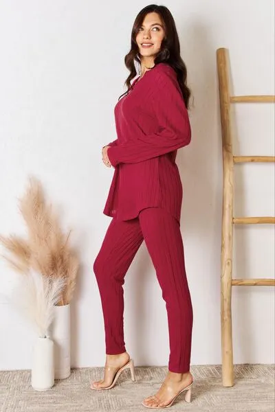 Brugh Basic Bae Full Size Notched Long Sleeve Top and Pants Set