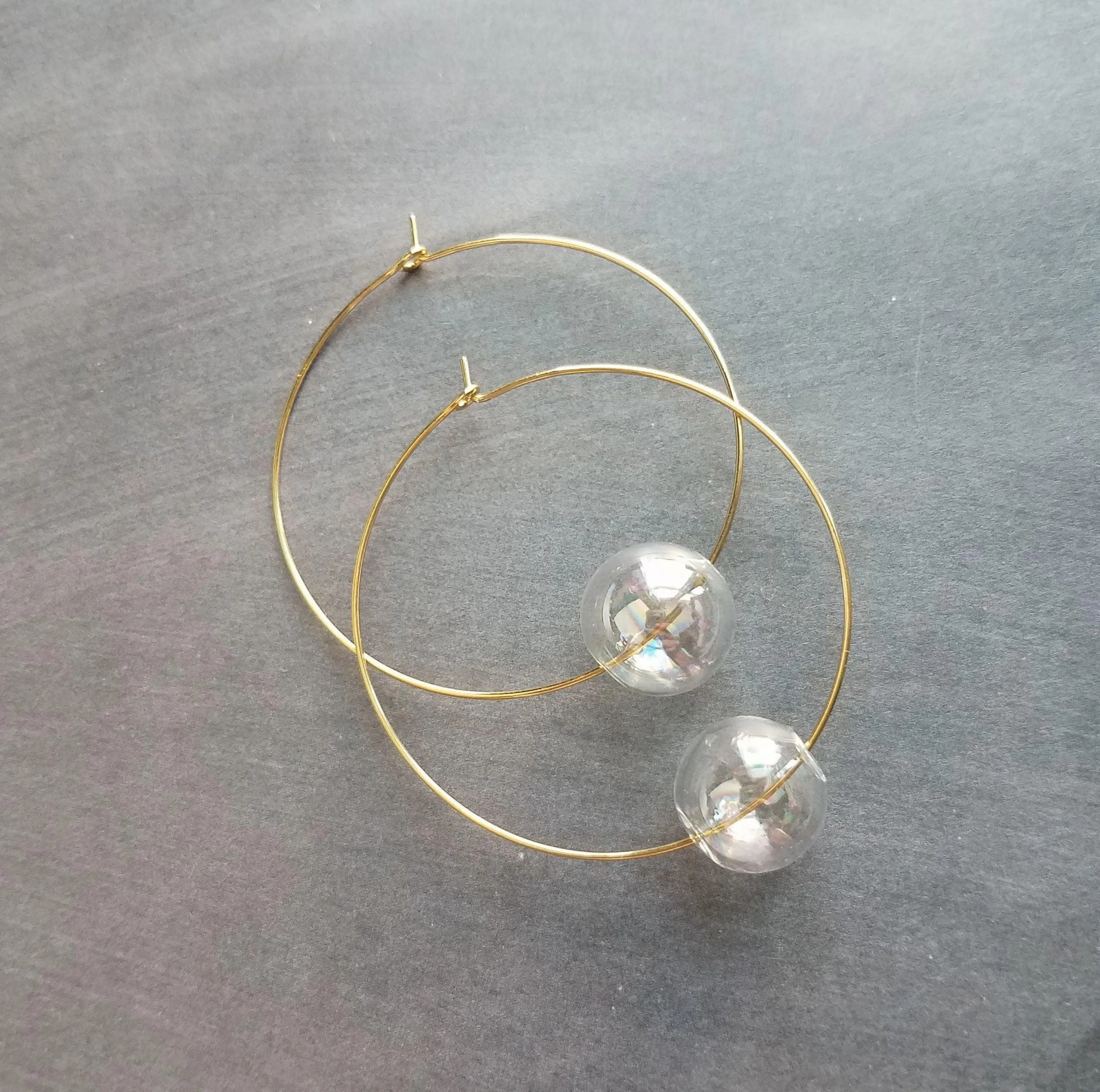 Bubble Hoop Earrings, clear bubble earring, soap earring, clear glass ball, large gold hoop earring, thin gold hoop, hollow glass ball, orb